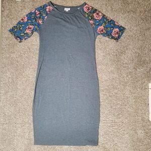 LuLaroe Floral Sleeve Charcoal Gray Fit Midi Womans Shirt Dress Size Small   Gre